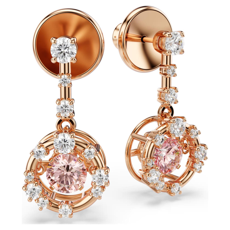 Constella drop earrings Round cut, Dancing stone, Pink, Rose gold-tone plated